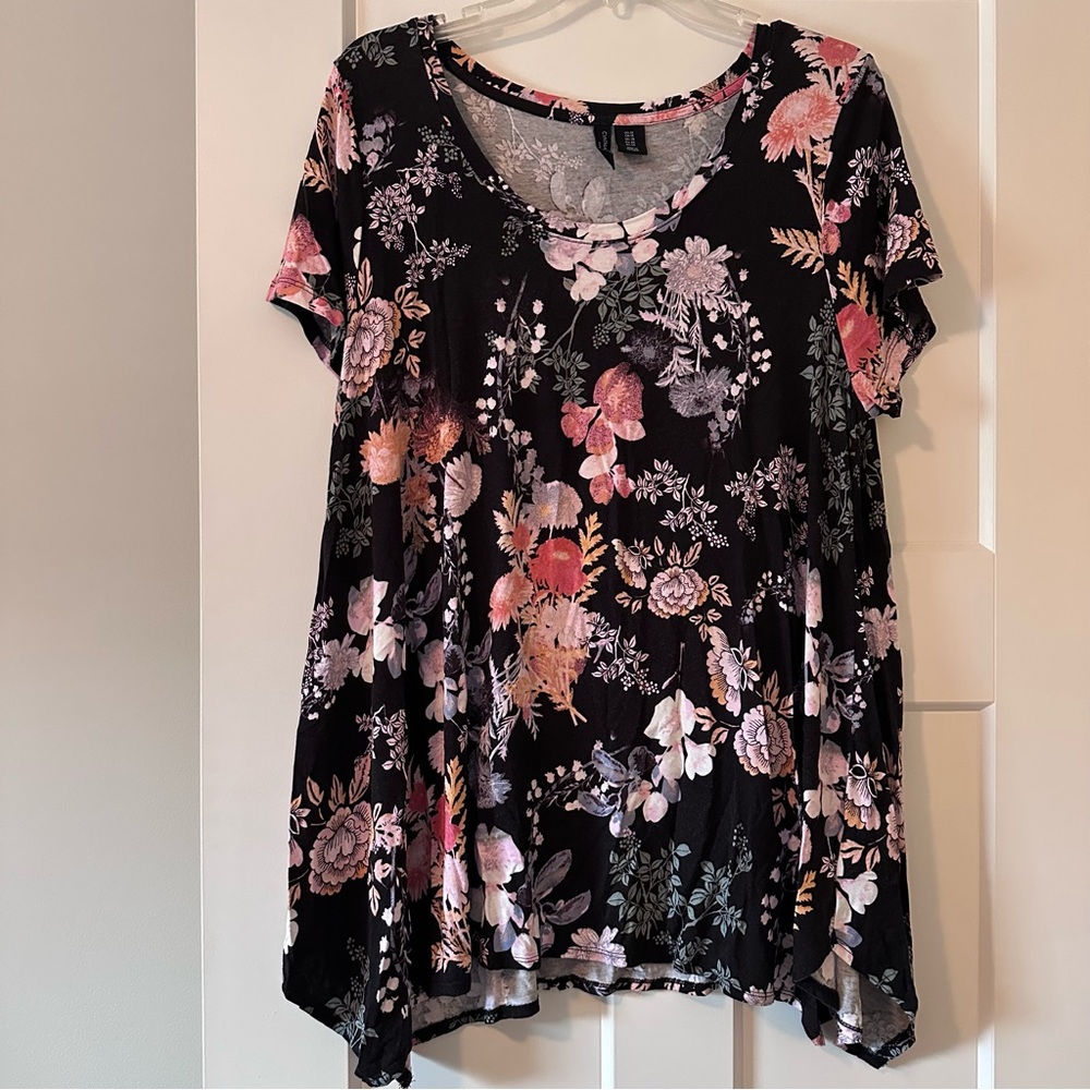 Cynthia Rowley Black Pink Floral Short Sleeve Top 1X